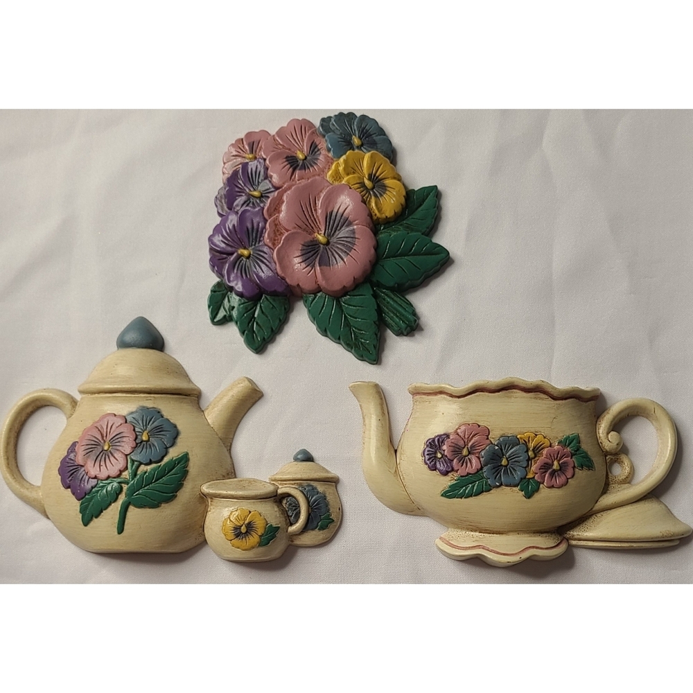 Vintage Burwood Pansy Teapot Tea Set Wall Decor Home Interiors Shabby Chic Boho